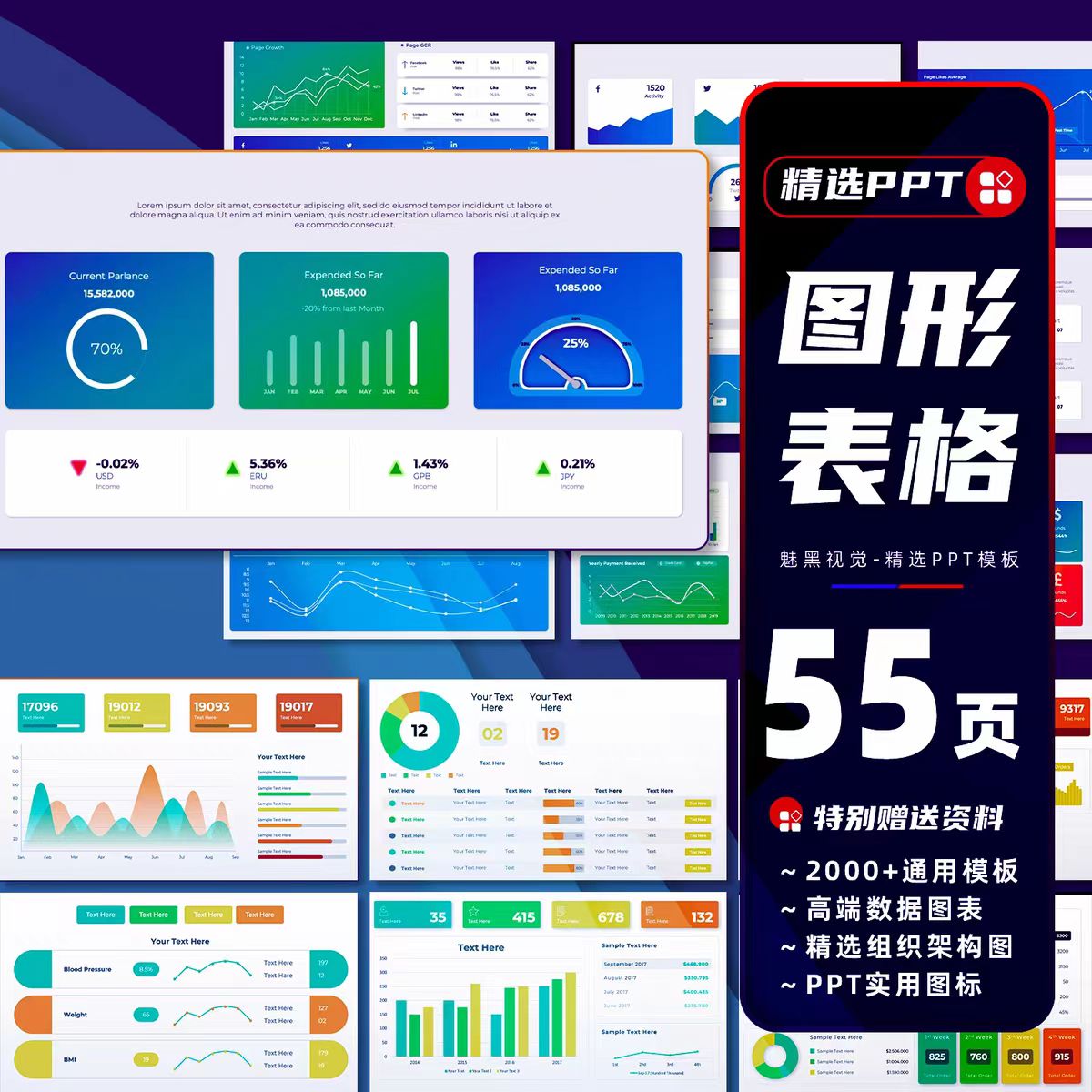 图片[1]-55页ppt模板图表折线图柱状图面积图环形图可视化仪表图excel数据课件-幼小初高学社
