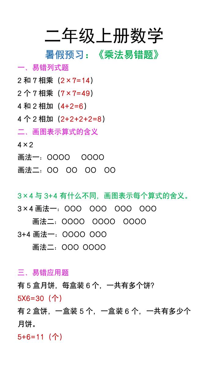 二年级上册数学暑假预习《乘法易错题》-幼小初高学社