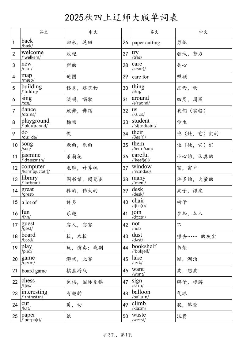 2025秋四上英语辽师大版单词表-幼小初高学社