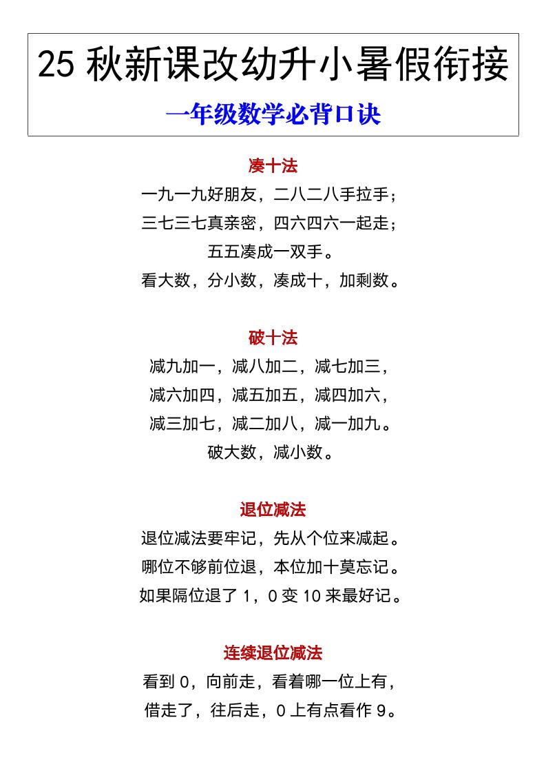 【2025秋新版】幼升小暑假衔接一年级数学必背口诀-一上数学-幼小初高学社