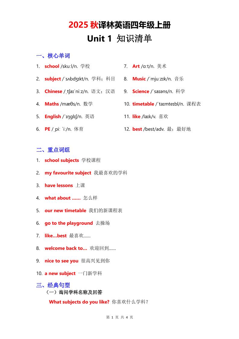 2025秋译林英语四上Unit1知识清单-幼小初高学社