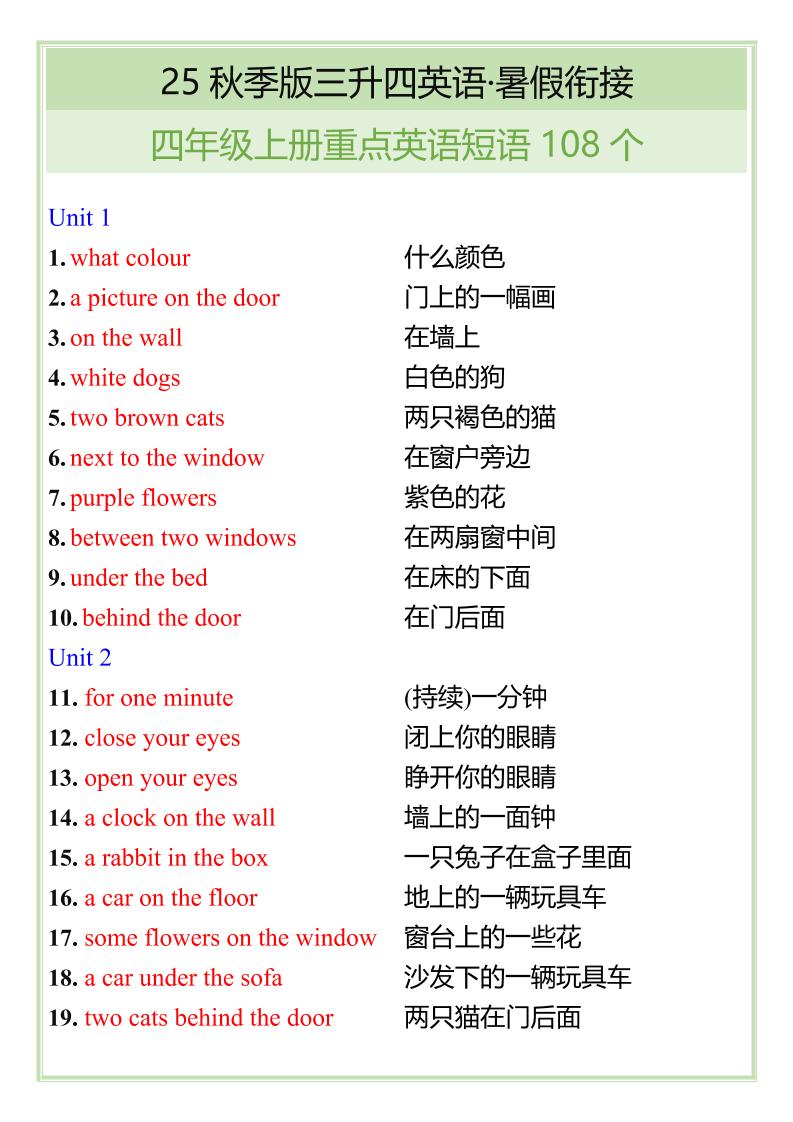 【2025秋新版】四年级上册重点英语短语汇总-幼小初高学社