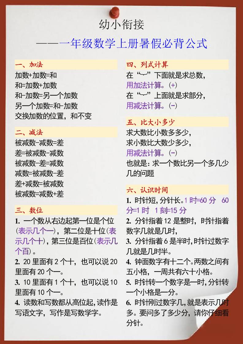 幼小衔接一年级数学上册暑假必背公式-幼小初高学社