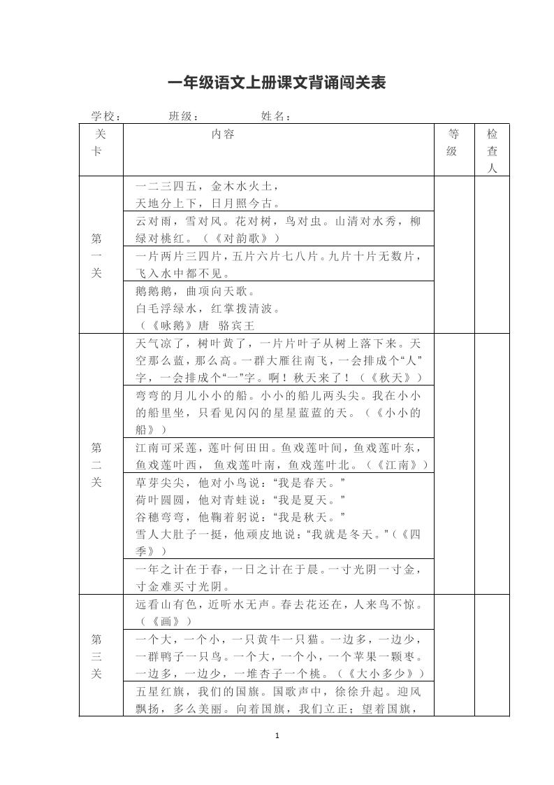 一年级上册语文背诵课文内容及闯关表-幼小初高学社