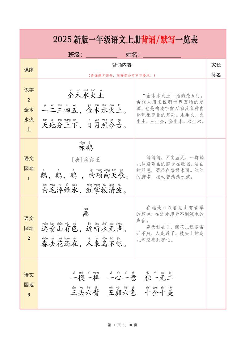一上语文【25秋-必背内容+默写表】-幼小初高学社