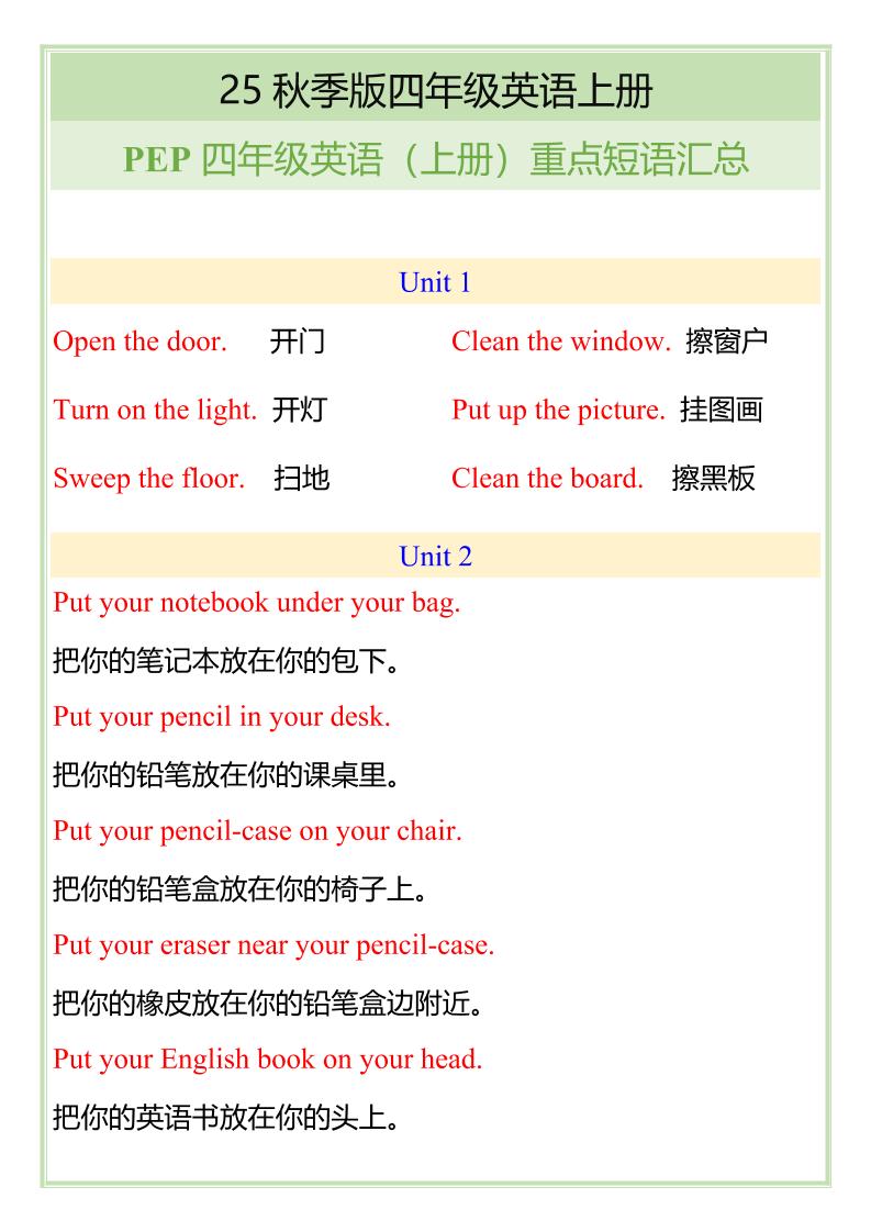 【2025秋新版】四年级英语（上册）重点短语汇总-幼小初高学社
