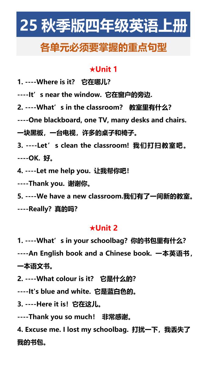 【2025秋新版】四年级英语上册各单元必须要掌握的重点句型-幼小初高学社