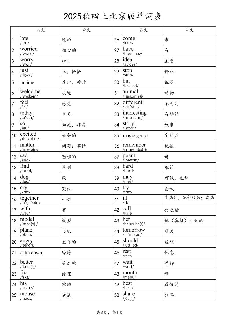2025秋四上英语北京版单词表-幼小初高学社