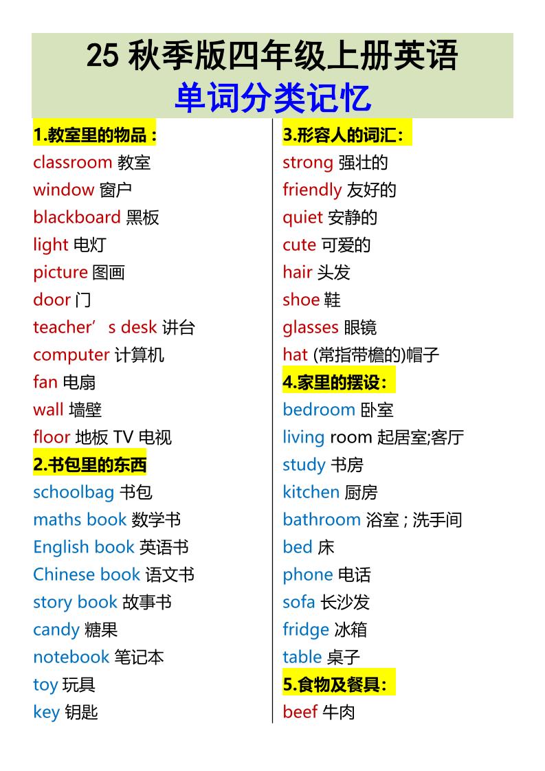 【2025秋新版】四年级上册英语•单词分类记忆-幼小初高学社