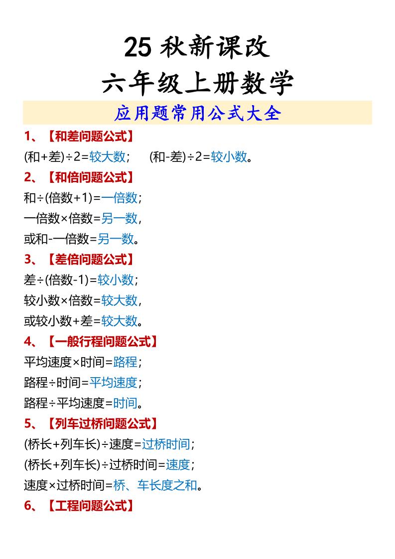 【2025秋新版】六年级上册数学应用题常用公式大全-幼小初高学社