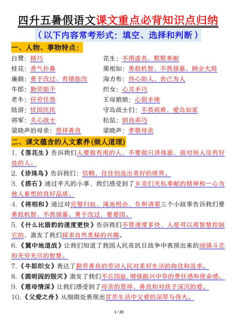 四升五年级暑假语文课文重点必背知识点归纳输出（20页）-五上语文-幼小初高学社