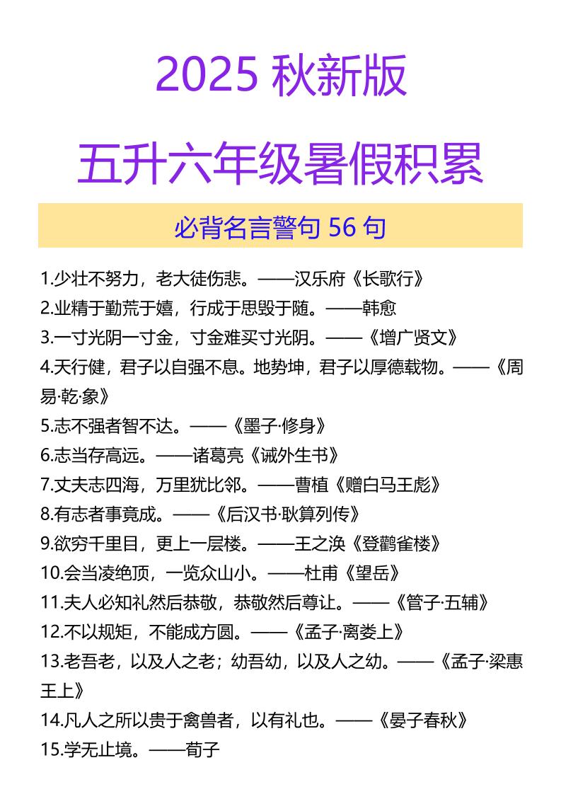 【2025秋新版】五升六年级暑假积累必背名言警句56句-六上语文-幼小初高学社