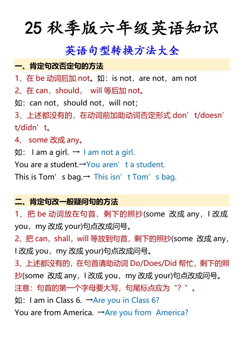 【2025秋新版】六年级上册英语英语句型转换方法大全-幼小初高学社