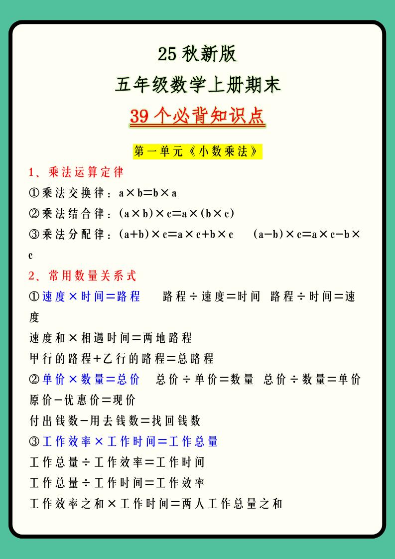【2025秋新版】五年级数学上册期末39个必背知识点-幼小初高学社