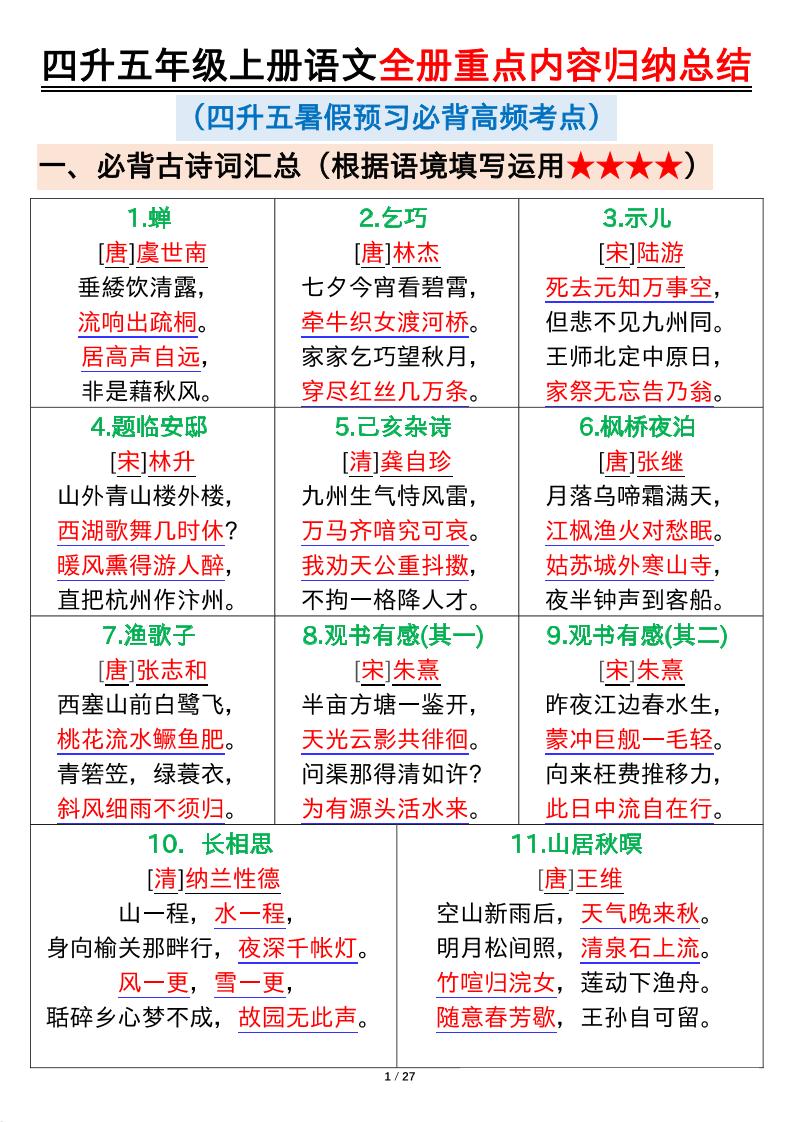 四升五年级上册语文全册重点内容归纳总结输出27页-五上语文-幼小初高学社