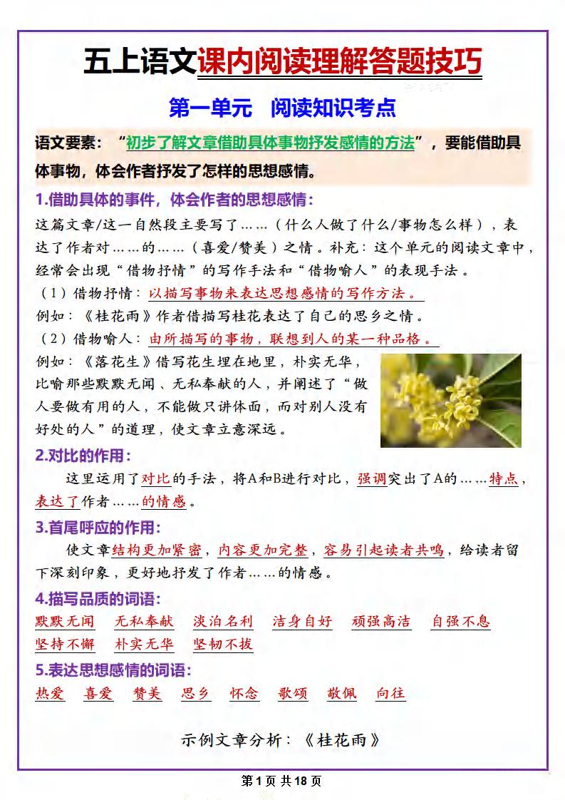 五年级上册语文课内阅读理解答题技巧-幼小初高学社
