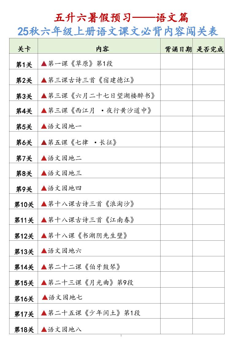 25秋六上语文课文必背内容背诵闯关表7页-幼小初高学社