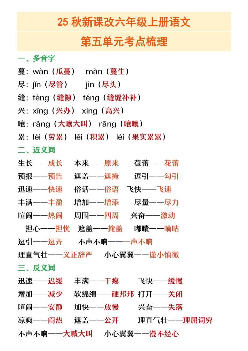 【2025秋新版】六年级上册语文第五单元重点考点梳理-幼小初高学社