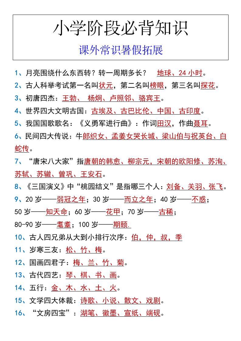 小学阶段必背知识课外常识暑假拓展-小升初语文-幼小初高学社
