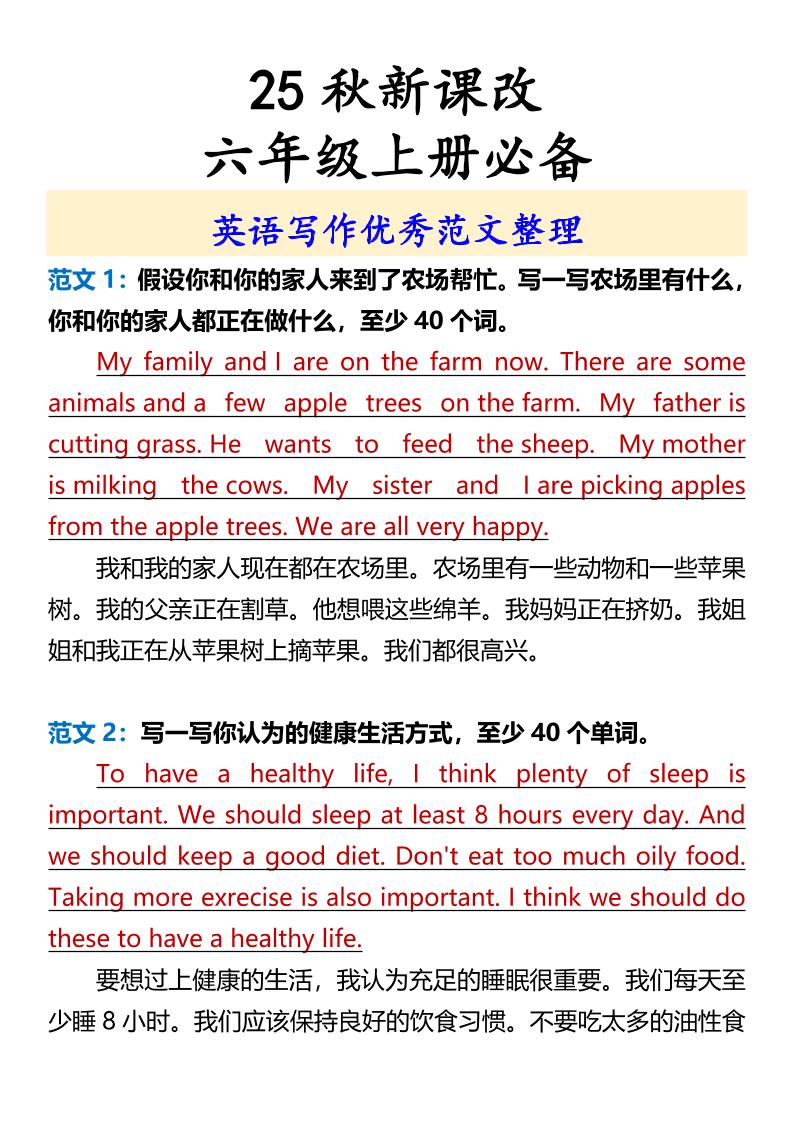 【2025秋新版】六年级上册必备英语写作优秀范文整理-幼小初高学社