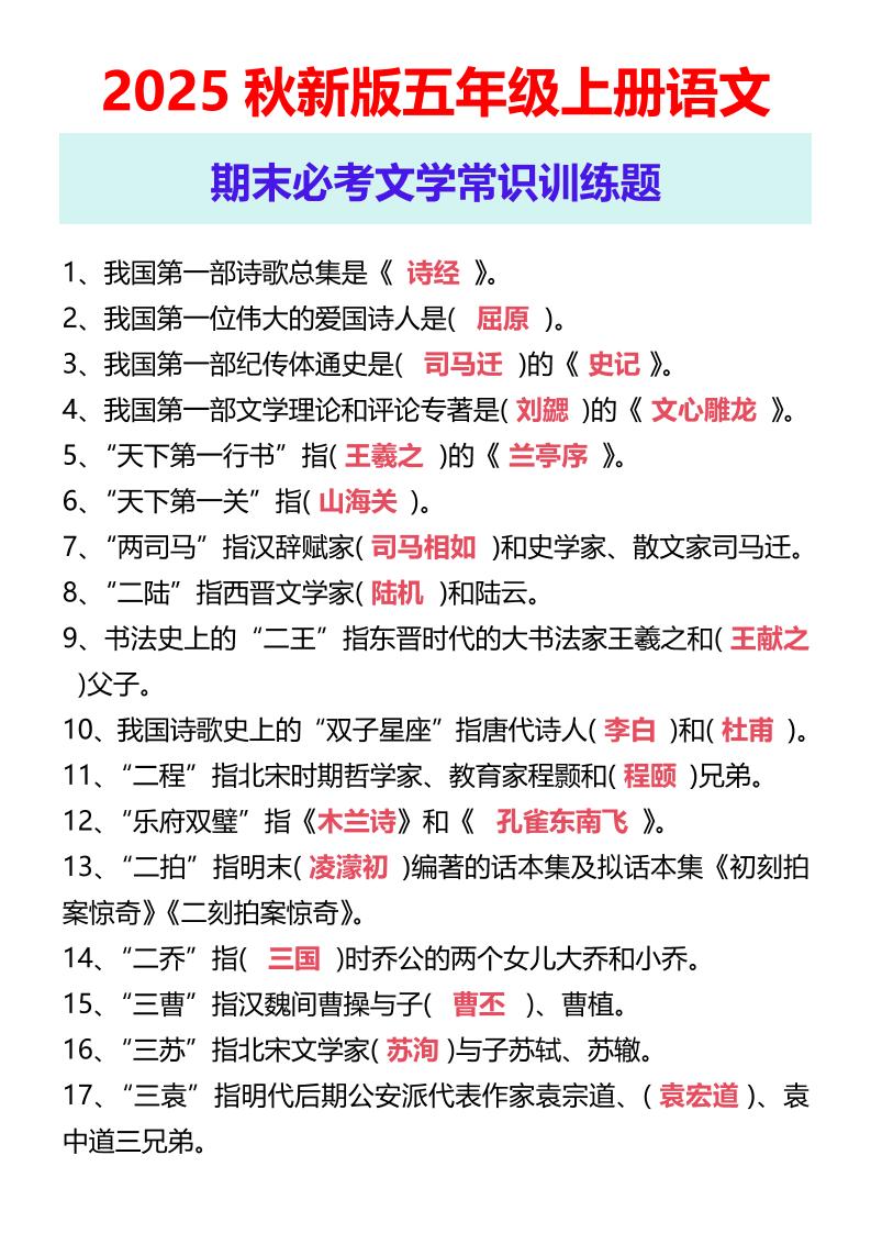 【2025秋新版】五年级上册语文期末必考文学常识训练题-幼小初高学社
