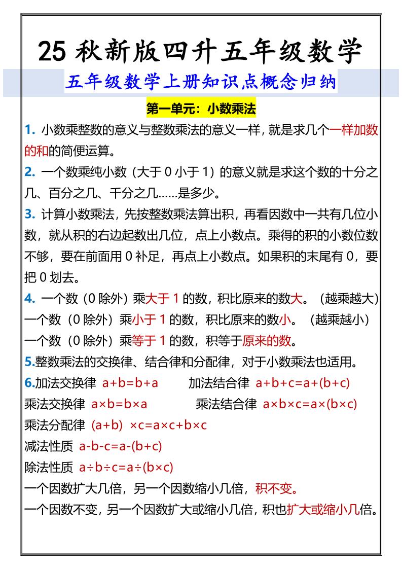 【2025秋新版】五年级数学上册知识点概念归纳-幼小初高学社