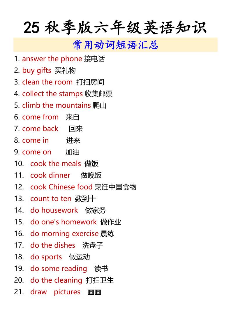 【2025秋新版】六年级上册英语常用动词短语汇总-幼小初高学社