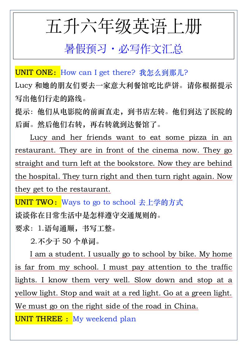 五升六年级英语上册暑假预习·必写作文汇总-六上英语-幼小初高学社