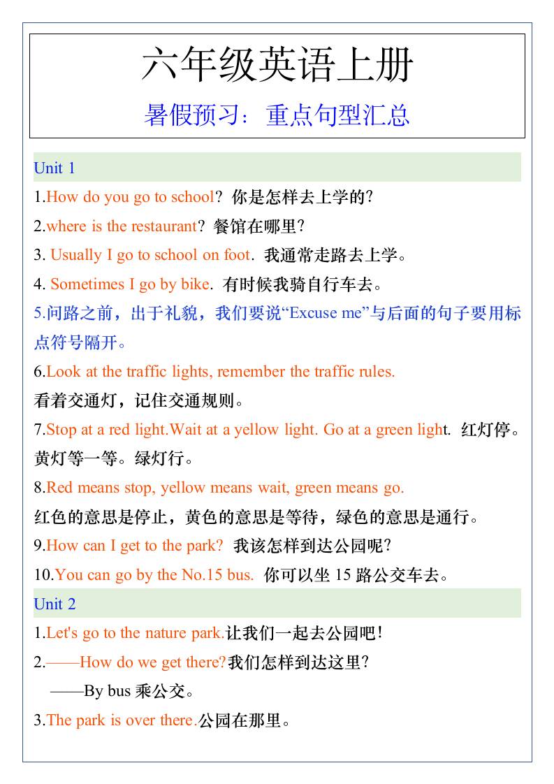 五升六年级英语上册暑假预习：重点句型汇总-六上英语-幼小初高学社