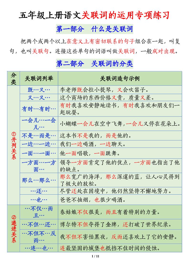 五上语文关联词语的运用专项练习（11页）-幼小初高学社