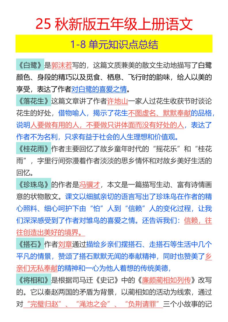 【2025秋新版】五年级上册语文1-8单元知识点总结-幼小初高学社