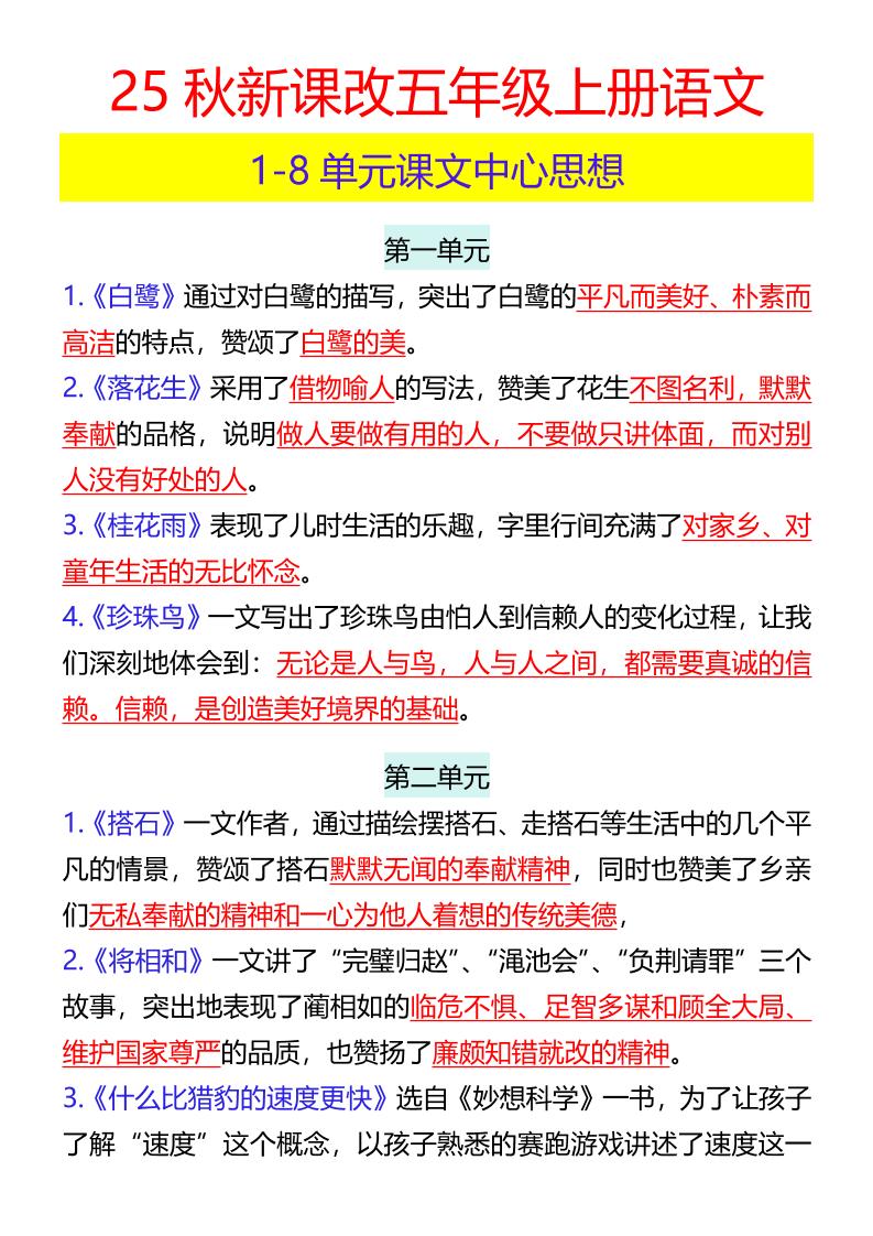 【2025秋新版】五年级上册语文1-8单元课文中心思想-幼小初高学社