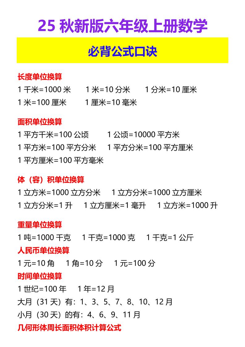 【2025秋新版】六年级上册数学必背公式口诀-幼小初高学社