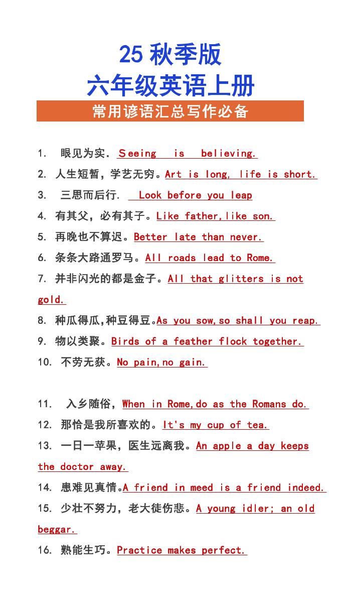 【2025秋新版】六年级上册英语常用谚语汇总写作必备-幼小初高学社