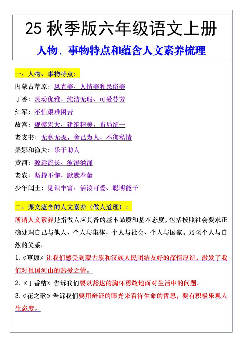 【2025秋新版】六年级语文上册人物、事物特点和蕴含人文素养梳理-幼小初高学社