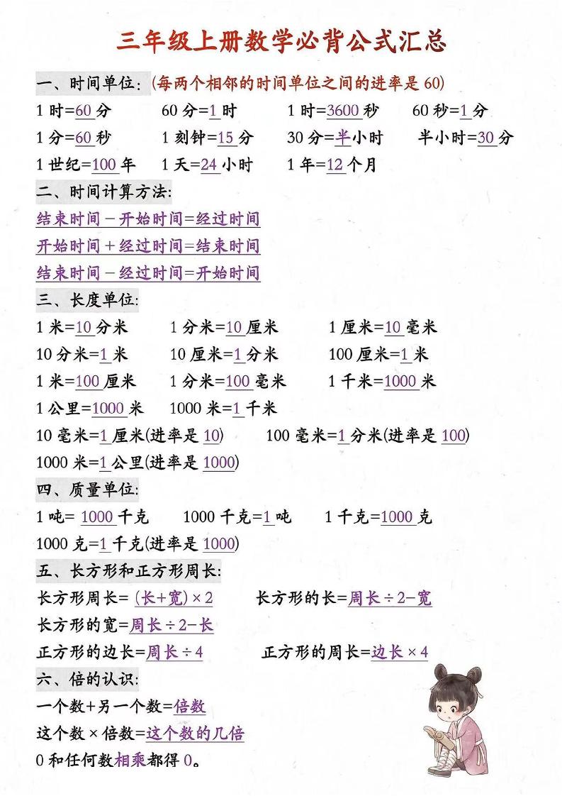 三年级上册数学必背知识汇总-幼小初高学社