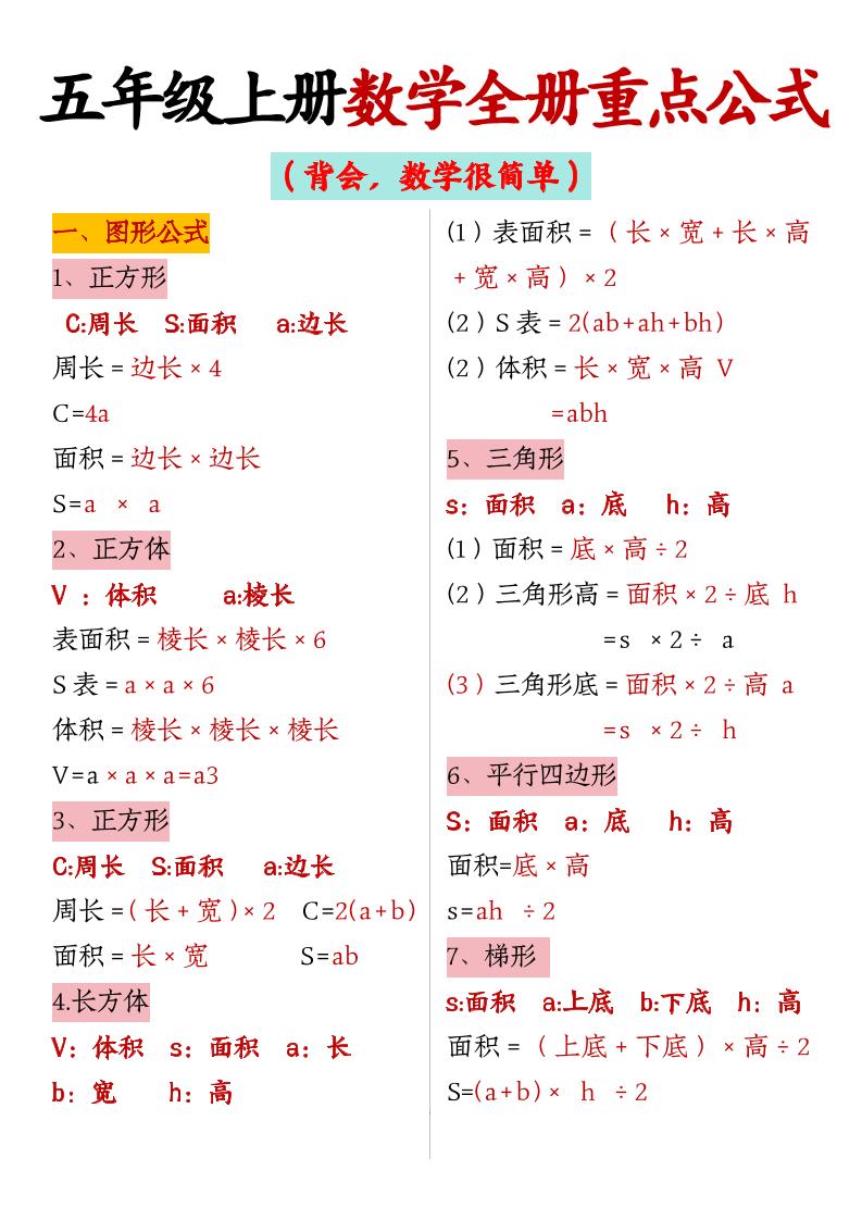 五上数学【全册重点公式】-幼小初高学社