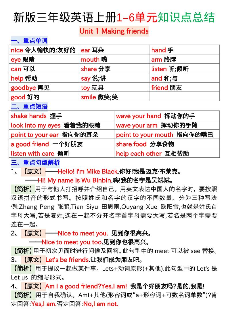 新版三年级英语上册1-6单元知识点总结-幼小初高学社