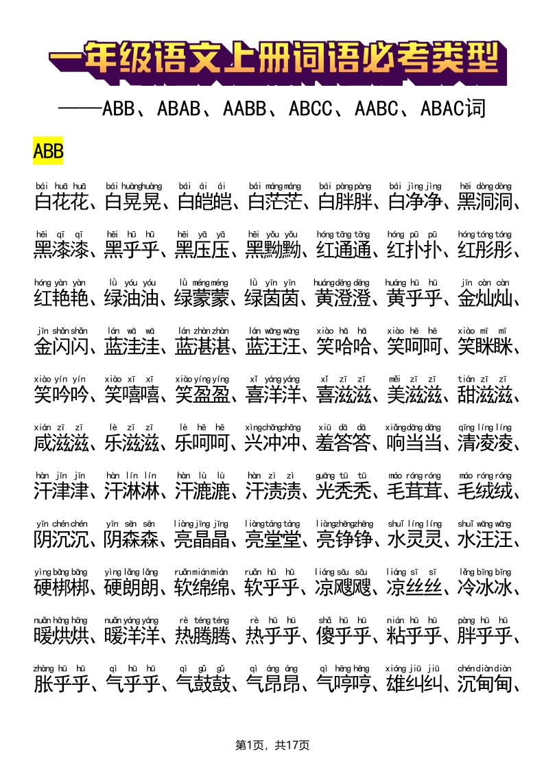新一上语文词语必考类型(ABB、ABAB、AABB、ABCC、AABC、ABAC、ABCB类词语)17页-幼小初高学社