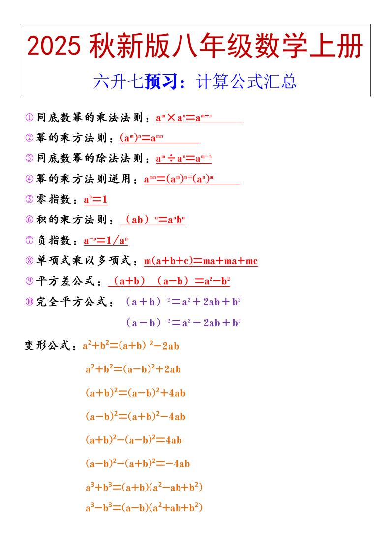 【2025秋新版】八年级上册数学计算公式汇总-幼小初高学社