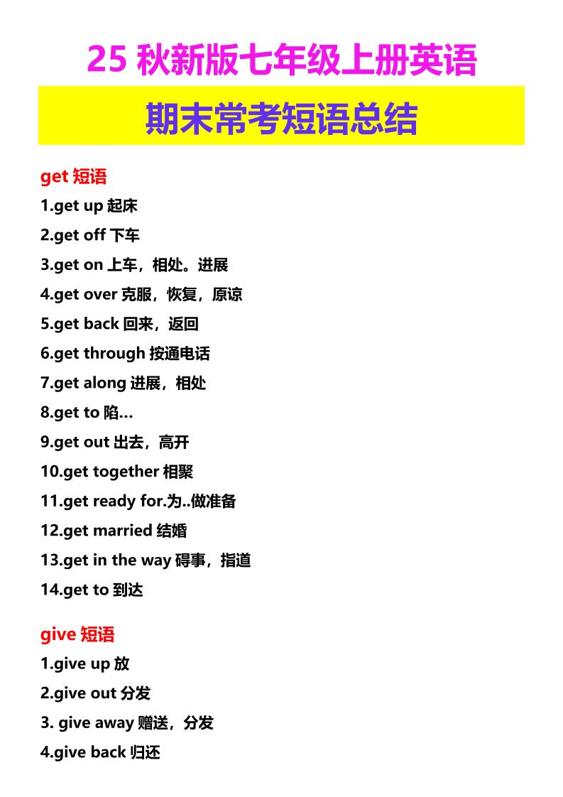 【2025秋新版】七年级上册英语期末常考短语总结-幼小初高学社
